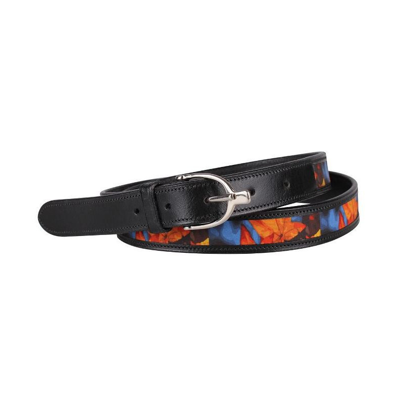 QHP leren riem Sally, zwart/herfstbladprint, 90cm