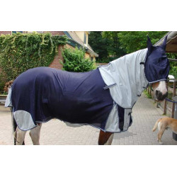 QHP vliegendeken met hals en hoofdkap, Navy/Grijs