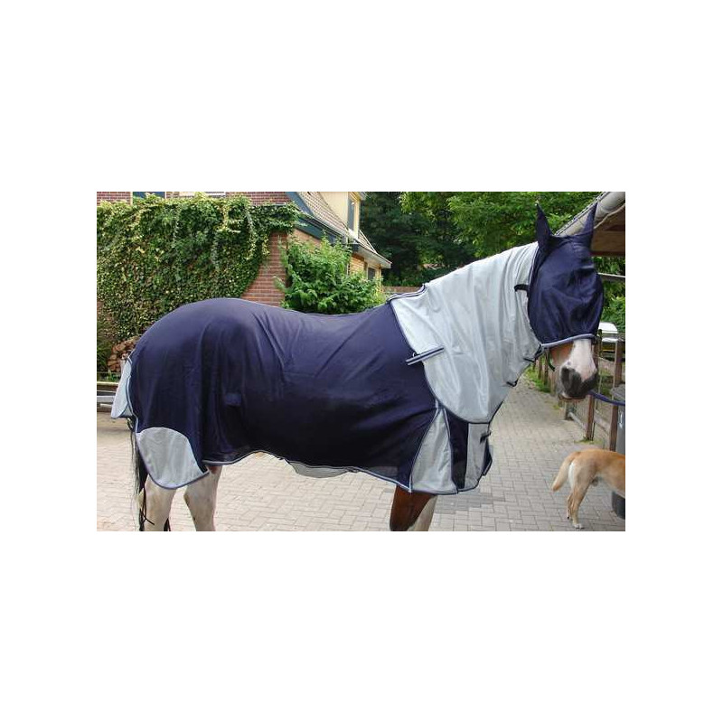 QHP vliegendeken met hals en hoofdkap, Navy/Grijs