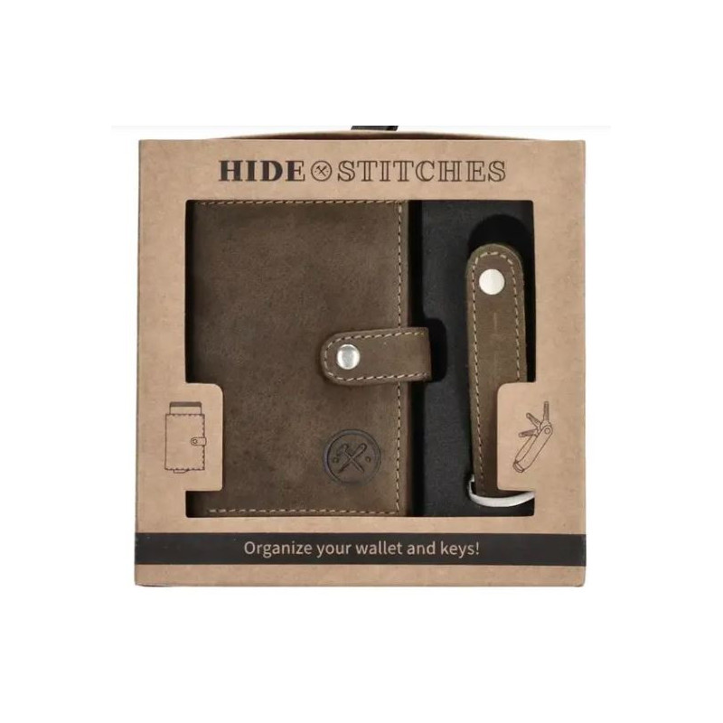 Hide & Stitches Giftset Hide & Stitches Idaho safety wallet & sleutelhanger 20208, Olijfgroen