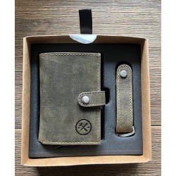 Hide & Stitches Giftset Hide & Stitches Idaho safety wallet & sleutelhanger 20208, Olijfgroen
